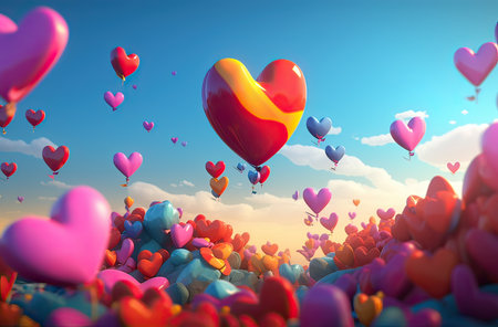 Colorful heart shaped balloons flying in the sky. 3d renderingの素材