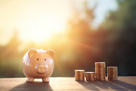 Piggy bank with stack of coins on blurred nature background.の素材