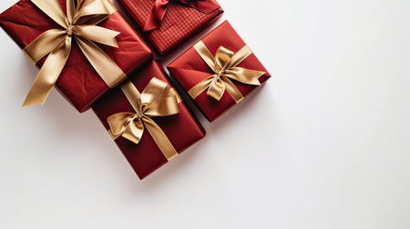Gift boxes with gold ribbon on white background, top view.の素材