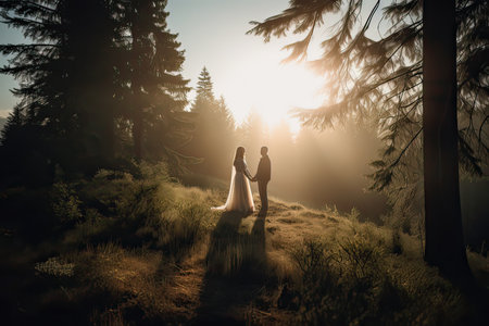 Wedding couple in the forest at sunset. Bride and groomの素材