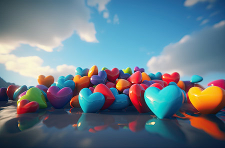 Colorful hearts on blue sky background. Valentines day concept.の素材