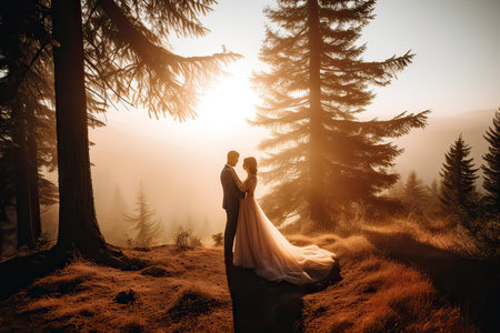 Wedding couple in the mountains at sunset. Bride and groomの素材