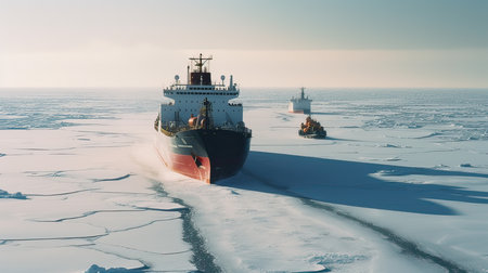 Transportation and import-export of oil and gas industry. Cargo ship on ice in the sea.の素材