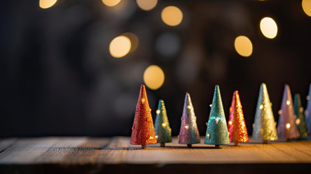Christmas tree decoration on wooden background with bokeh lights in the backgroundの素材