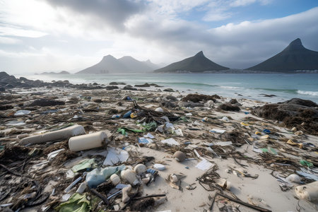 Garbage on the beach with mountains in the background, Iceland.の素材