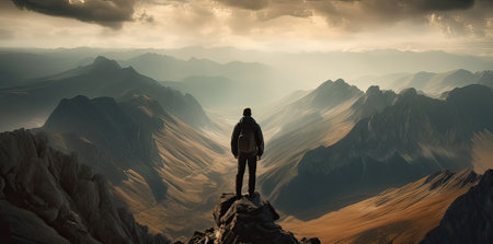 Man standing on top of a mountain and looking into the distance.の素材