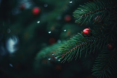 Christmas tree branch with red baubles and drops of dewの素材