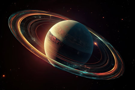 Planet in space with rings and nebulae. 3D renderingの素材