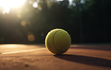 tennis ball on tennis court with sun flare and copy space.の素材