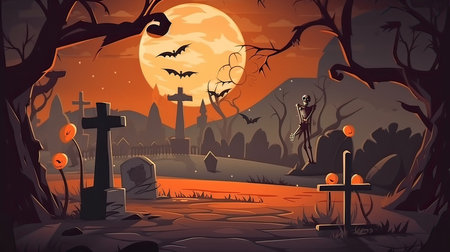 Halloween background with cemetery and full moon. Vector illustration in cartoon styleの素材