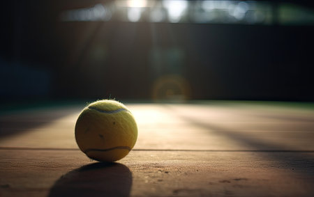 Tennis ball on a wooden table in the rays of the sunの素材