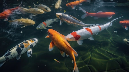 Koi fish swimming in the pond. Beautiful colorful koi fish.の素材