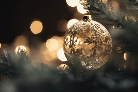 Beautiful Christmas bauble hanging on a Christmas tree with bokeh backgroundの素材