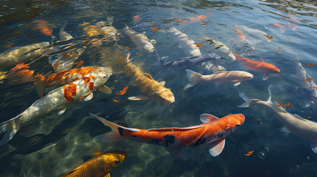 Koi fish swimming in the water. Many colorful fishes swimming in the pond.の素材