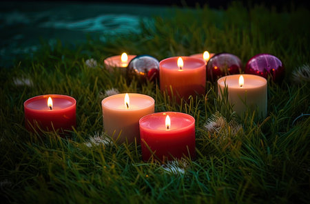Burning candles on green grass with bokeh lights background.の素材