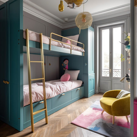 Children's room with bunk beds and a girl. 3D renderingの素材