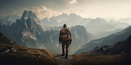 Hiker with backpack walking in the mountains. 3d rendering.の素材