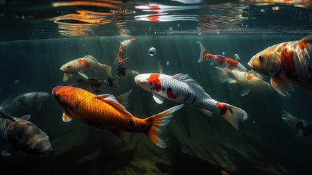 Koi fish swimming in the water. Colorful fishes in aquariumの素材