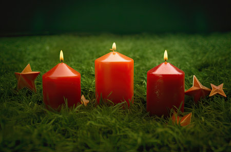 Three red candles on green grass. Shallow depth of field.の素材