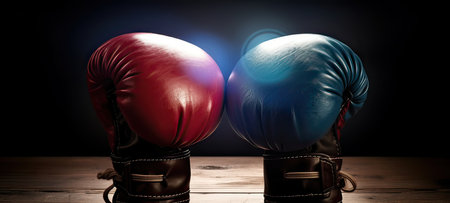 Boxing gloves on wooden table and dark background. 3d renderingの素材