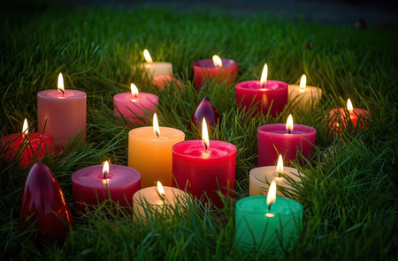 Burning candles in green grass. Shallow depth of field.の素材
