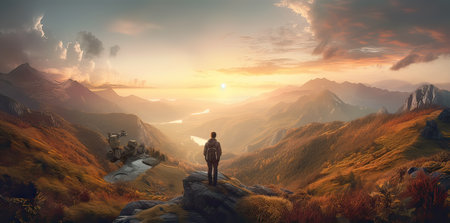 Man standing on top of mountain and looking at sunset. 3D renderingの素材