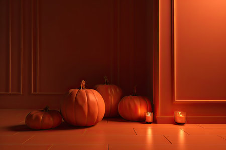 Halloween background with pumpkins and candles. 3D rendering.の素材