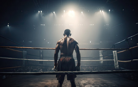 Rear view of a male boxer standing in the ring at night.の素材