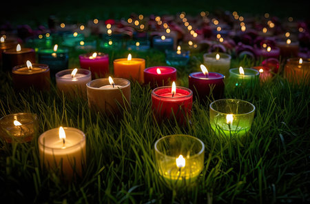 Candles in the green grass. Selective focus. Shallow depth of fieldの素材