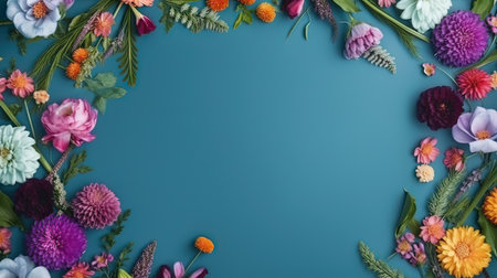 Flowers composition. Frame made of flowers on blue background. Flat lay, top view, copy spaceの素材