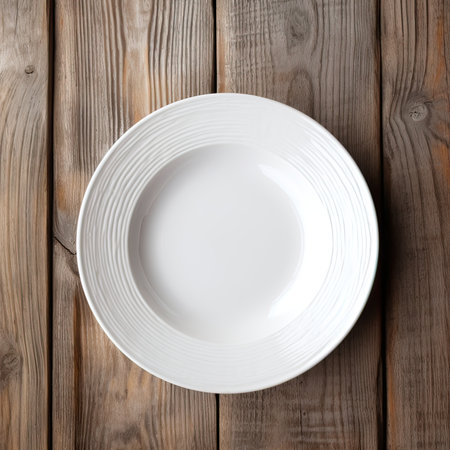 Empty plate on a wooden background. Top view. Copy space.の素材
