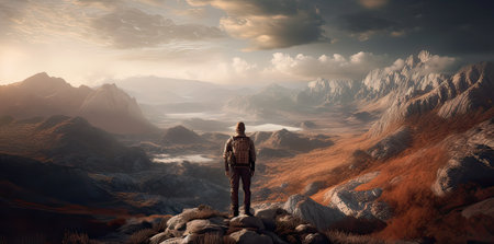 Man standing on the top of mountain and looking at the valley.の素材