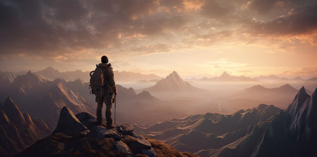 3D CG rendering of Space traveler on top of the mountain.の素材