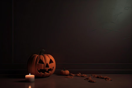 Halloween pumpkin with burning candle in dark room, 3d renderの素材
