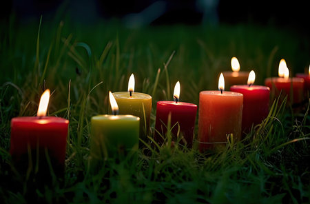 Burning candles in the green grass, shallow depth of field.の素材