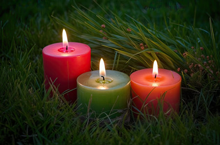 Three burning candles in the green grass. Shallow depth of field.の素材