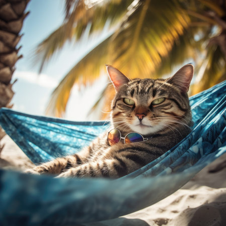 Cute tabby cat relaxing in hammock on the beach.の素材