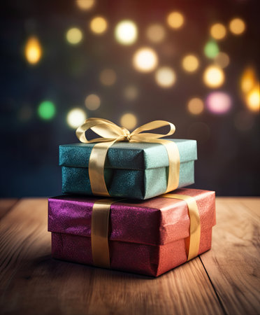 Gift boxes on wooden table and bokeh lights background.の素材