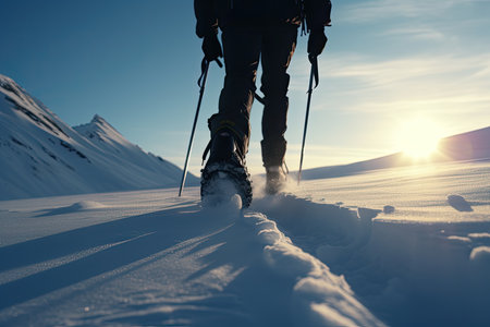Hiker with trekking poles and snowshoes walking in snowの素材