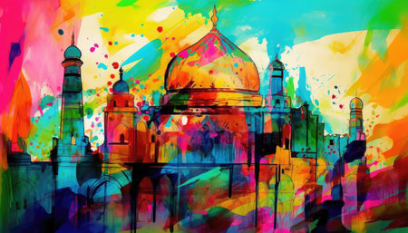 Colorful watercolor illustration of Taj Mahal in Agra, Indiaの素材