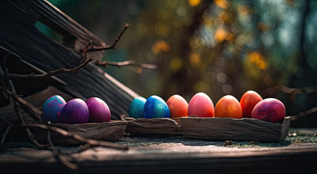 Colorful easter eggs in a wooden box on an old wooden benchの素材