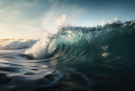 Surfing ocean wave at sunset. Beautiful natural background. Toned.の素材