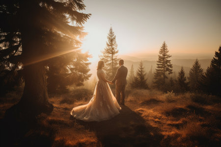 Beautiful bride and groom on the background of the sunset in the mountainsの素材