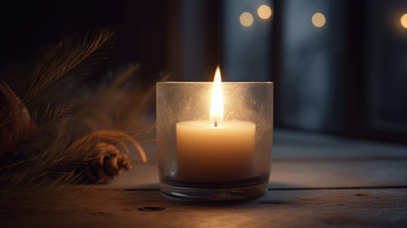 Burning candle in a glass candlestick on a wooden backgroundの素材