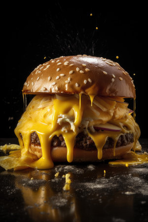 Cheeseburger with cheese and sauce on a black background.の素材