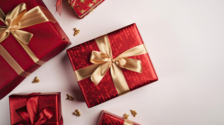 Red gift boxes with golden bows on white background. Flat lay, top view.の素材