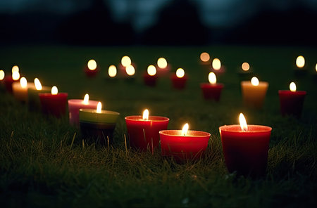Candles in the grass at night. Shallow depth of field.の素材
