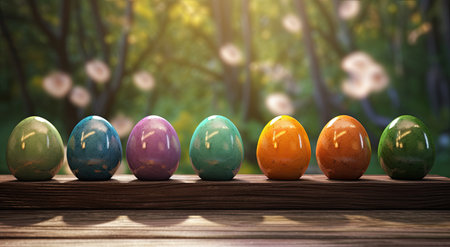 Colorful easter eggs on wooden table against blurred image of natureの素材