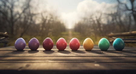 Colorful easter eggs on wooden table in sunny day. Selective focusの素材