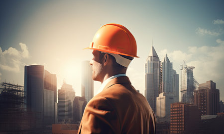 Double exposure of engineer with hardhat and cityscape on background.の素材